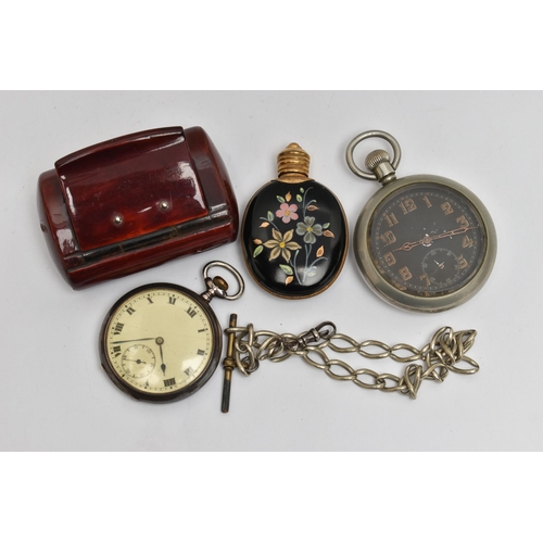 290E - A SILVER POCKET WATCH, MILITARY POCKET WATCH AND OTHER ITEMS, an open face pocket watch, monogram en... 