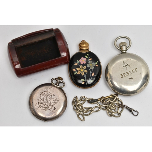 290E - A SILVER POCKET WATCH, MILITARY POCKET WATCH AND OTHER ITEMS, an open face pocket watch, monogram en... 