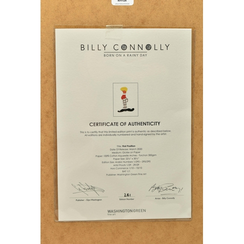 300 - BILLY CONNOLLY (SCOTLAND 1942) 'FIRST POSITION', a signed limited edition print depicting a stylised... 