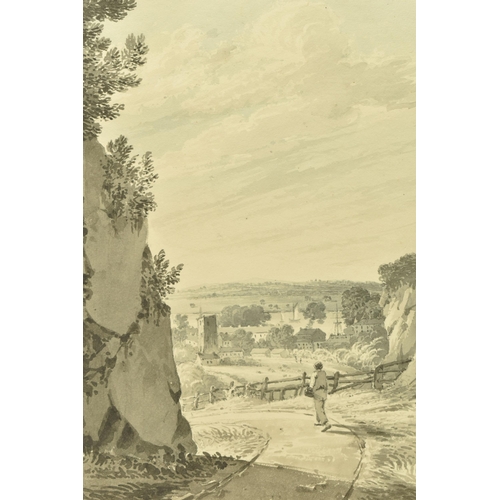 301 - ATTRIBUTED TO  JAMES BOURNE (1773-1854) 'NORTHFLEET, KENT', a figure is walking on a path between cl... 