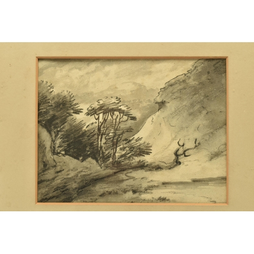 304 - CIRCLE OF THOMAS MONRO (1759-1833) LANDSCAPE WITH TREES AND STEEP HILL, no visible signature, charco... 