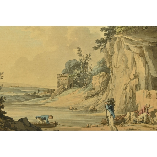 306 - WILLIAM PAYNE (1760-1830) A RIVER LANDSCAPE, fishermen are repairing nets and preparing a boat at lo... 