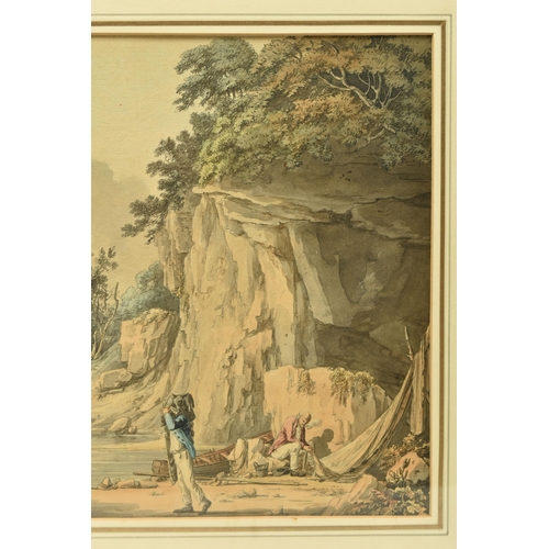 306 - WILLIAM PAYNE (1760-1830) A RIVER LANDSCAPE, fishermen are repairing nets and preparing a boat at lo... 