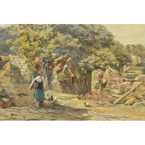 309 - PAUL JACOB NAFTEL (1817-1891) 'FARM YARD, SERK', a female figure is tending to chickens in a ramshac... 