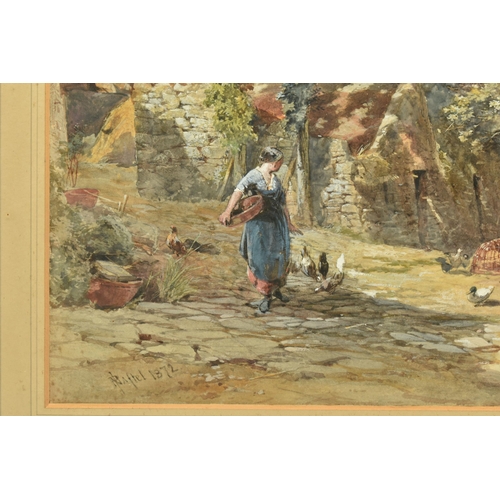 309 - PAUL JACOB NAFTEL (1817-1891) 'FARM YARD, SERK', a female figure is tending to chickens in a ramshac... 