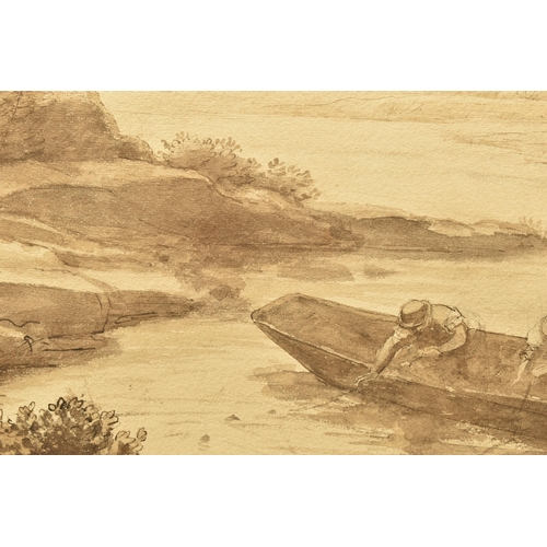 320 - ALPHONSE LEGROS (FRANCE 1837-1911) A RIVER LANDSCAPE, two figures in a boat are tending to a fishing... 