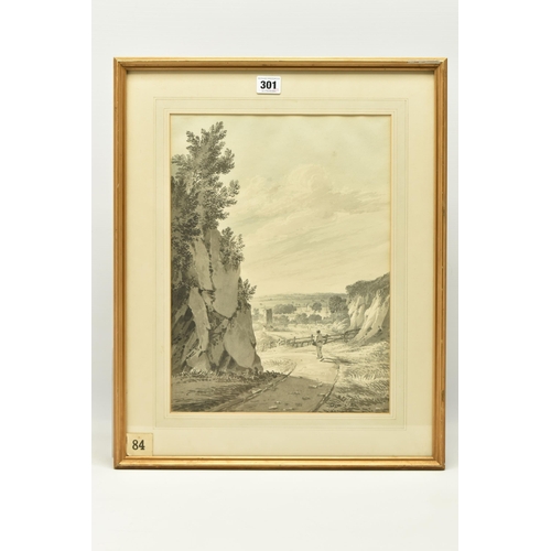 301 - ATTRIBUTED TO  JAMES BOURNE (1773-1854) 'NORTHFLEET, KENT', a figure is walking on a path between cl... 