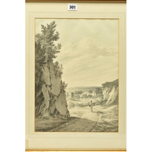 301 - ATTRIBUTED TO  JAMES BOURNE (1773-1854) 'NORTHFLEET, KENT', a figure is walking on a path between cl... 