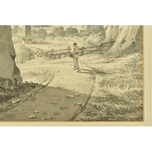 301 - ATTRIBUTED TO  JAMES BOURNE (1773-1854) 'NORTHFLEET, KENT', a figure is walking on a path between cl... 