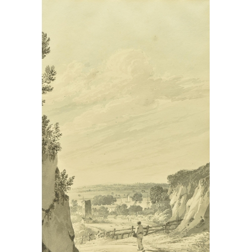 301 - ATTRIBUTED TO  JAMES BOURNE (1773-1854) 'NORTHFLEET, KENT', a figure is walking on a path between cl... 