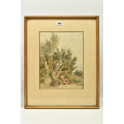 303 - CIRCLE OF SAMUEL PROUT (1783-1852), LANDSCAPE WITH LARGE TREE BESIDE A RIVER, no visible signature, ... 