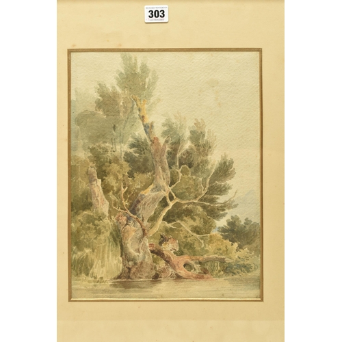 303 - CIRCLE OF SAMUEL PROUT (1783-1852), LANDSCAPE WITH LARGE TREE BESIDE A RIVER, no visible signature, ... 