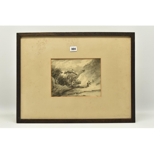 304 - CIRCLE OF THOMAS MONRO (1759-1833) LANDSCAPE WITH TREES AND STEEP HILL, no visible signature, charco... 