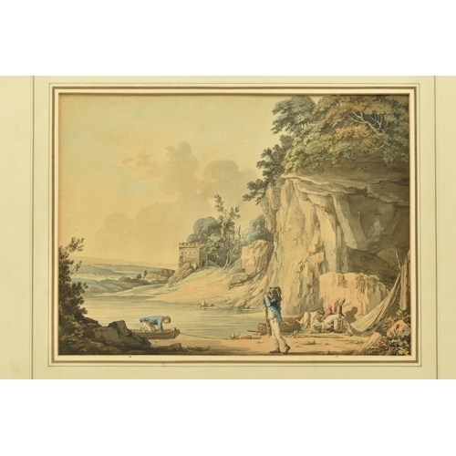 306 - WILLIAM PAYNE (1760-1830) A RIVER LANDSCAPE, fishermen are repairing nets and preparing a boat at lo... 