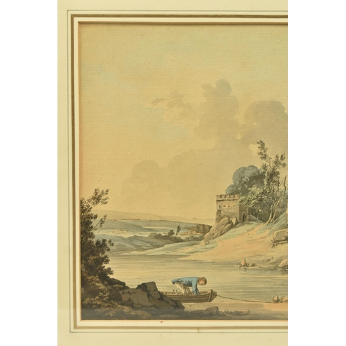 306 - WILLIAM PAYNE (1760-1830) A RIVER LANDSCAPE, fishermen are repairing nets and preparing a boat at lo... 