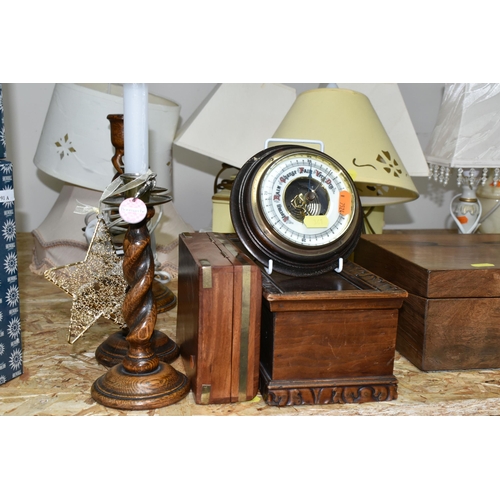 341 - A GROUP OF BEDSIDE LAMPS, WOODEN BOXES AND A MANTEL CLOCK, comprising a Victorian oil lamp with a br... 