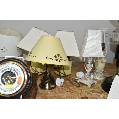 341 - A GROUP OF BEDSIDE LAMPS, WOODEN BOXES AND A MANTEL CLOCK, comprising a Victorian oil lamp with a br... 