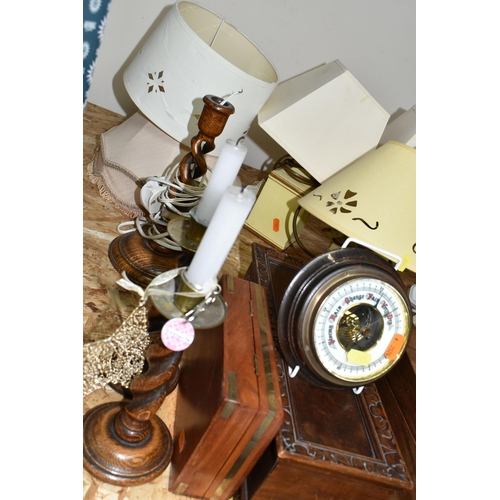 341 - A GROUP OF BEDSIDE LAMPS, WOODEN BOXES AND A MANTEL CLOCK, comprising a Victorian oil lamp with a br... 