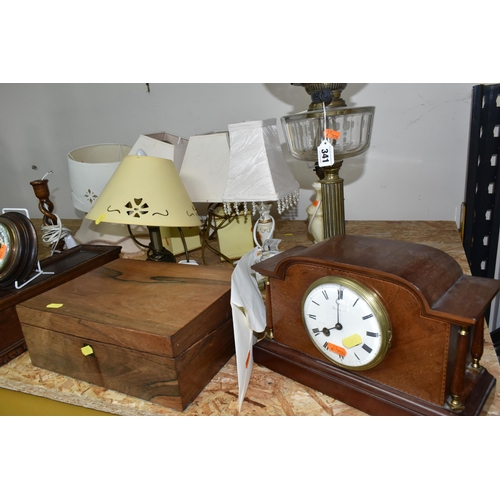 341 - A GROUP OF BEDSIDE LAMPS, WOODEN BOXES AND A MANTEL CLOCK, comprising a Victorian oil lamp with a br... 