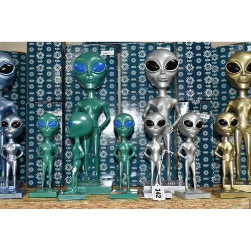 342 - THIRTEEN BOXED ALIEN FIGURES, comprising four large figures made by Shudehill Giftware in metallic b... 