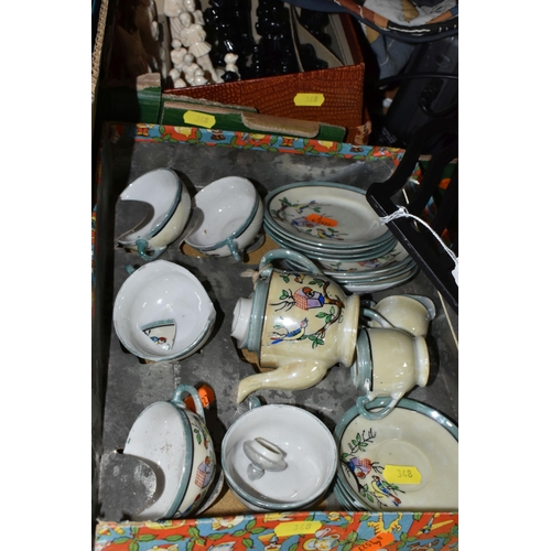 348 - TWO BOXES OF ASSORTED SUNDRIES AND CERAMICS, to include a boxed collection of worldwide postcards fr... 