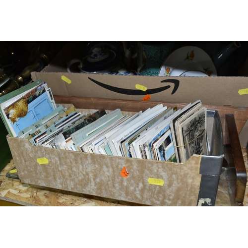 348 - TWO BOXES OF ASSORTED SUNDRIES AND CERAMICS, to include a boxed collection of worldwide postcards fr... 