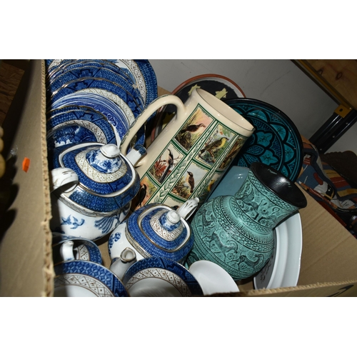 348 - TWO BOXES OF ASSORTED SUNDRIES AND CERAMICS, to include a boxed collection of worldwide postcards fr... 