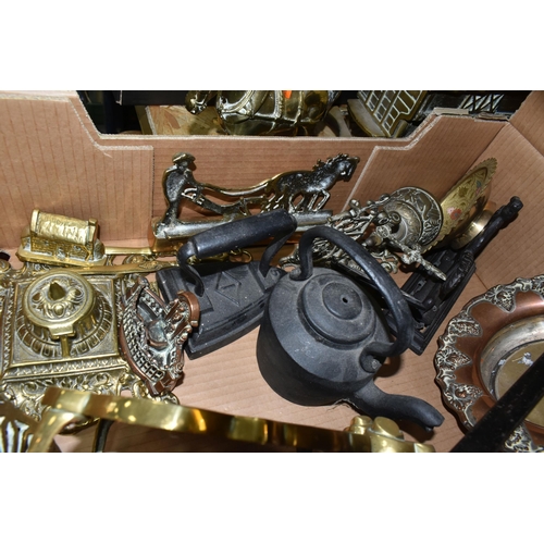 349 - ONE BOX OF METALWARE, to include a brass horse and caravan ornament, ink stand, paper knife, pot sta... 