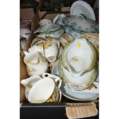 350 - THREE BOXES OF CERAMICS, to include a Denby 'Regency Green' teapot, jug and three dinner plates, a l... 