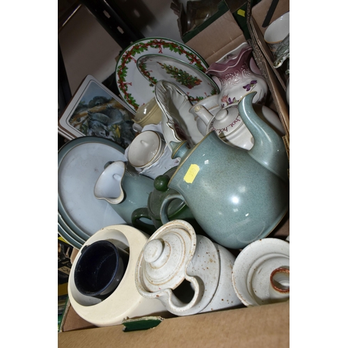 350 - THREE BOXES OF CERAMICS, to include a Denby 'Regency Green' teapot, jug and three dinner plates, a l... 