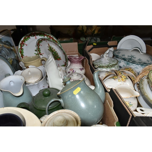 350 - THREE BOXES OF CERAMICS, to include a Denby 'Regency Green' teapot, jug and three dinner plates, a l... 