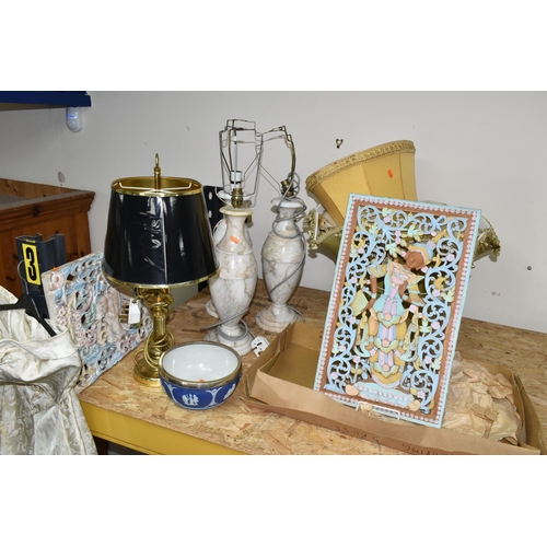 354 - A VINTAGE WEDDING DRESS, TABLE LAMPS, CERAMICS AND WOODEN PANELS, ETC, to include a 1950s off the sh... 