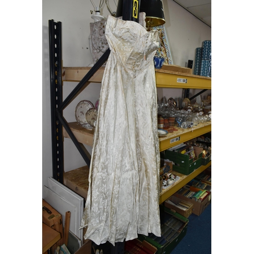 354 - A VINTAGE WEDDING DRESS, TABLE LAMPS, CERAMICS AND WOODEN PANELS, ETC, to include a 1950s off the sh... 