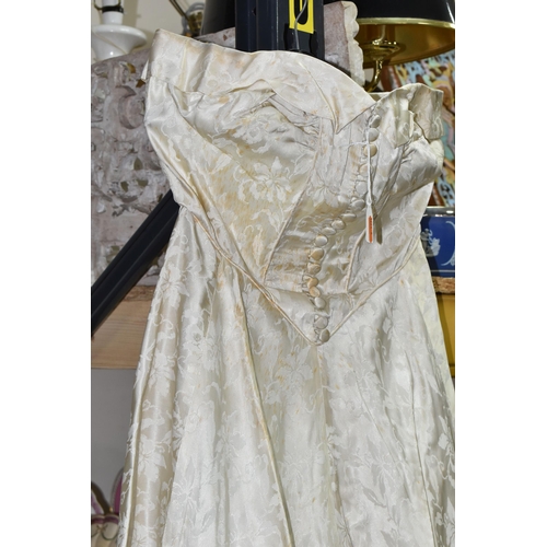 354 - A VINTAGE WEDDING DRESS, TABLE LAMPS, CERAMICS AND WOODEN PANELS, ETC, to include a 1950s off the sh... 