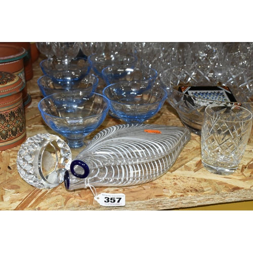 357 - A GROUP OF GLASS WARES, to include a Victorian Nailsea style double gimmel flask with white feathere... 