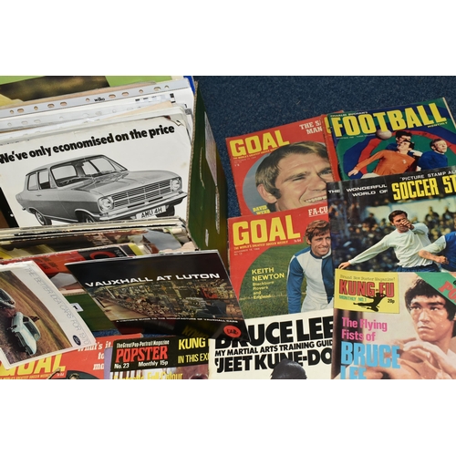 361 - TWO BOXES OF MOTORING AND FOOTBALL EPHEMERA, CERAMICS AND SUNDRY ITEMS, to include car brochures and... 