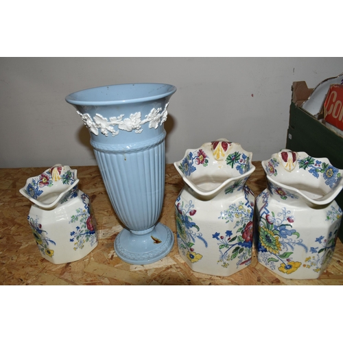 362 - TWO BOXES AND LOOSE CERAMICS, to include a Wedgwood Queens Ware vase height 27cm, three Mason's Stra... 