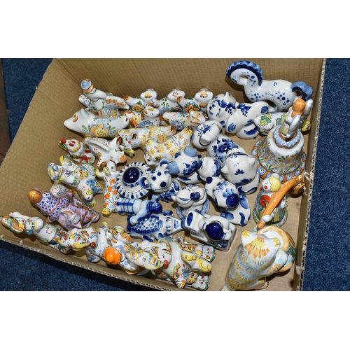 363 - A BOX OF RUSSIAN CERAMIC FIGURES, to include fourteen Gzhel and similar figures of animals and peopl... 