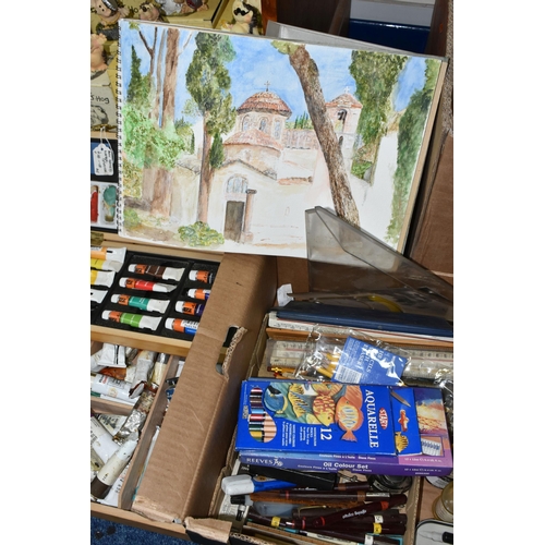 366 - TWO BOXES OF ARTISTS MATERIALS, EASELS AND CANVAS, to include an assortment of brushes Crimson & Bla... 