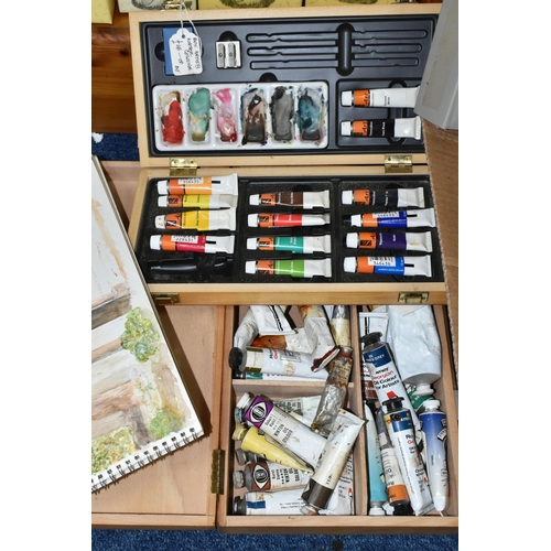 366 - TWO BOXES OF ARTISTS MATERIALS, EASELS AND CANVAS, to include an assortment of brushes Crimson & Bla... 