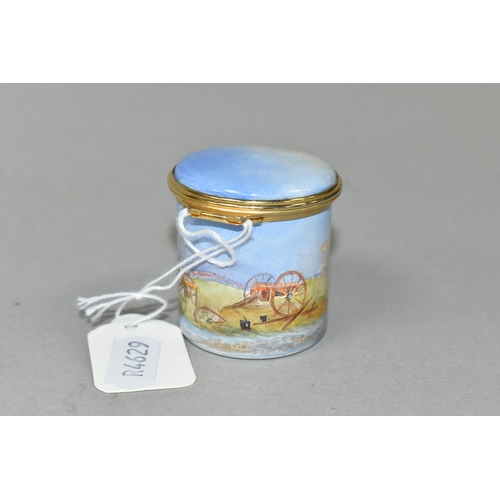 378 - A PETER GRAVES (HERITAGE COLLECTIONS ENGLISH ENAMEL BOXES) CYLINDRICAL BOX WITH HINGED COVER, hand p... 