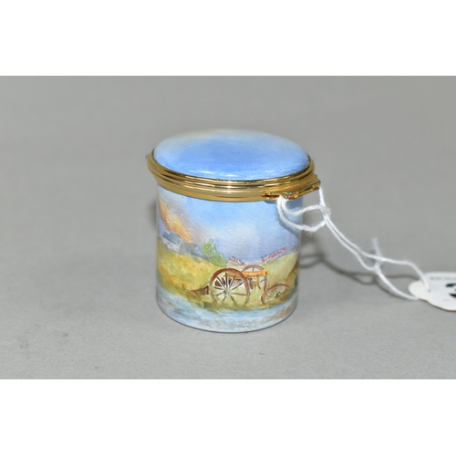 378 - A PETER GRAVES (HERITAGE COLLECTIONS ENGLISH ENAMEL BOXES) CYLINDRICAL BOX WITH HINGED COVER, hand p... 