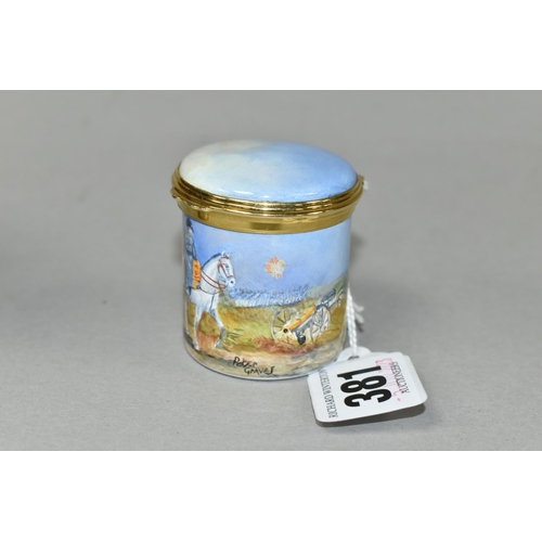 381 - A PETER GRAVES (HERITAGE COLLECTIONS ENGLISH ENAMEL BOXES) CYLINDRICAL BOX WITH HINGED COVER, hand p... 