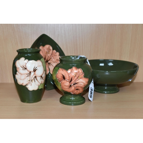 385 - FOUR PIECES OF MOORCROFT POTTERY 'CORAL HIBISCUS' GIFTWARES, comprising two vases, heights 10.5cm an... 