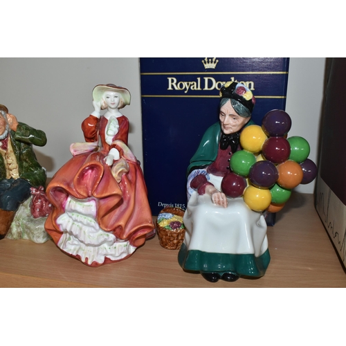 390 - FOUR ROYAL DOULTON FIGURINES, comprising a boxed The Old Balloon Seller HN1315, Autumn Breezes HN193... 