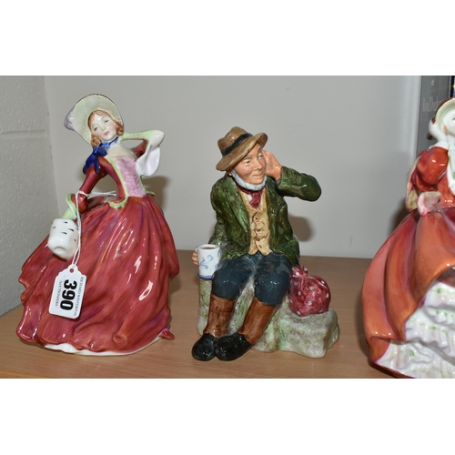 390 - FOUR ROYAL DOULTON FIGURINES, comprising a boxed The Old Balloon Seller HN1315, Autumn Breezes HN193... 