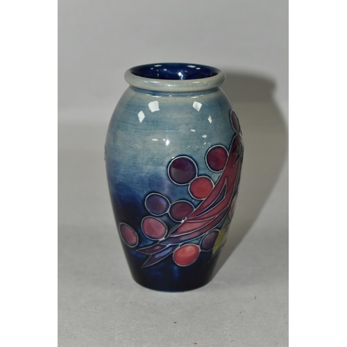 392 - A MOORCROFT POTTERY 'FINCHES' VASE, of baluster form, the graduating blue ground decorated in the Fi... 