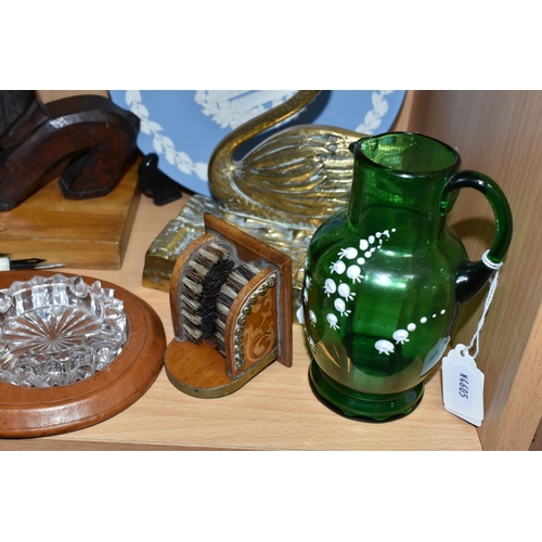 403 - A GROUP OF DESK ACCESSORIES AND SUNDRY ITEMS, to include a wooden letter rack with two carved Scotti... 