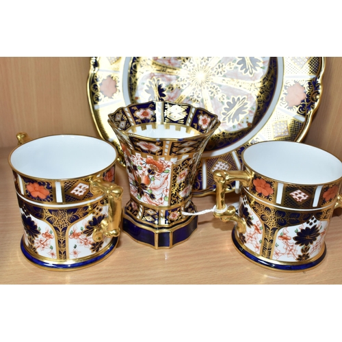 406 - FOUR PIECES OF ROYAL CROWN DERBY IMARI WARES, comprising two 1128 pattern loving cups, a 6299 patter... 