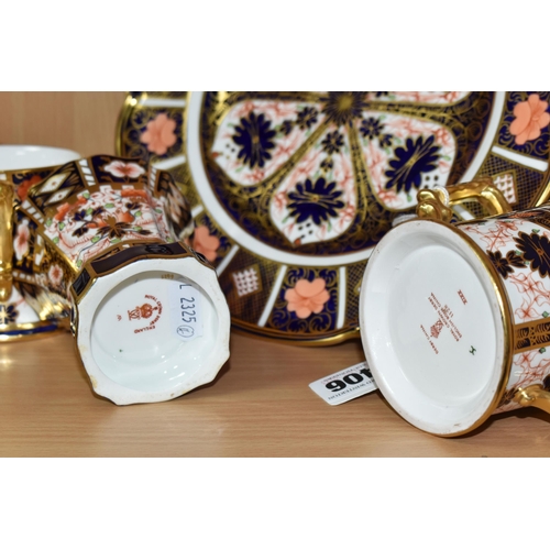 406 - FOUR PIECES OF ROYAL CROWN DERBY IMARI WARES, comprising two 1128 pattern loving cups, a 6299 patter... 